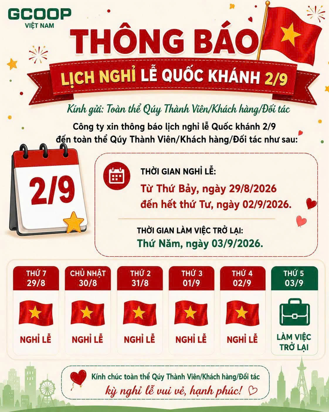Thông báo lịch nghỉ lễ Quốc Khánh mùng 2/9