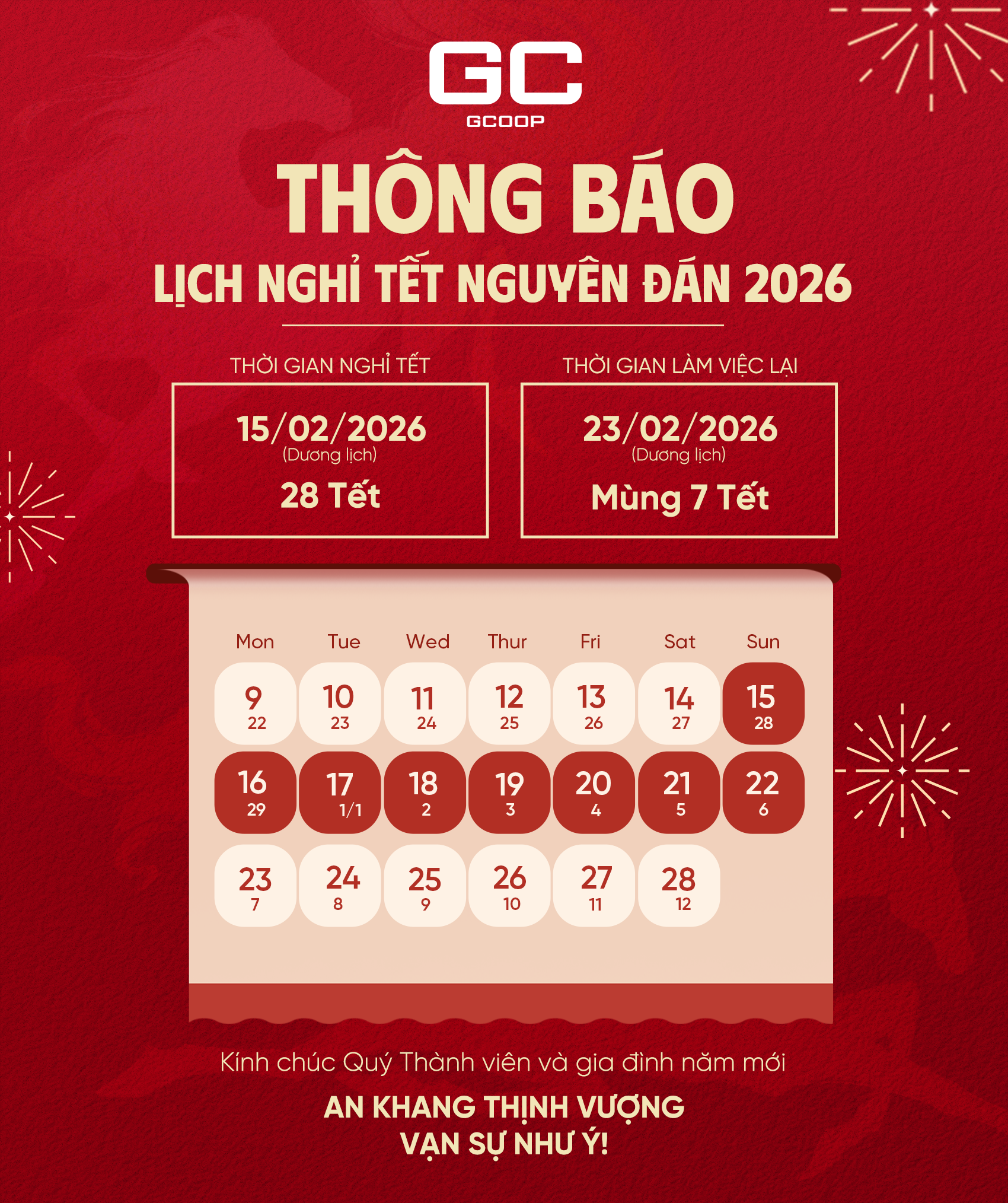 Thông báo lịch nghỉ Tết Nguyên Đán 2026