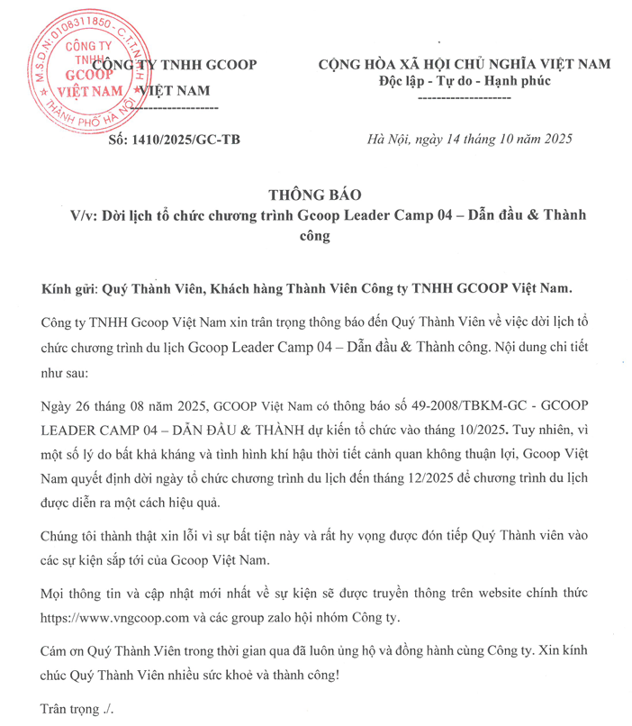 Thông báo Dời lịch tổ chức chương trình Gcoop Leader Camp 04 – Dẫn đầu & Thành công