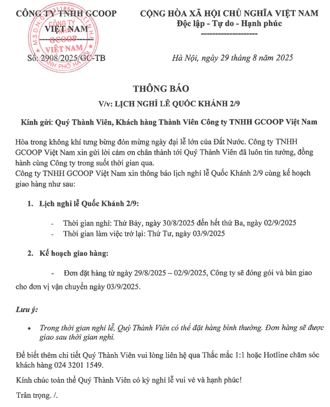 THÔNG BÁO LỊCH NGHỈ LỄ QUỐC KHÁNH 2/9
