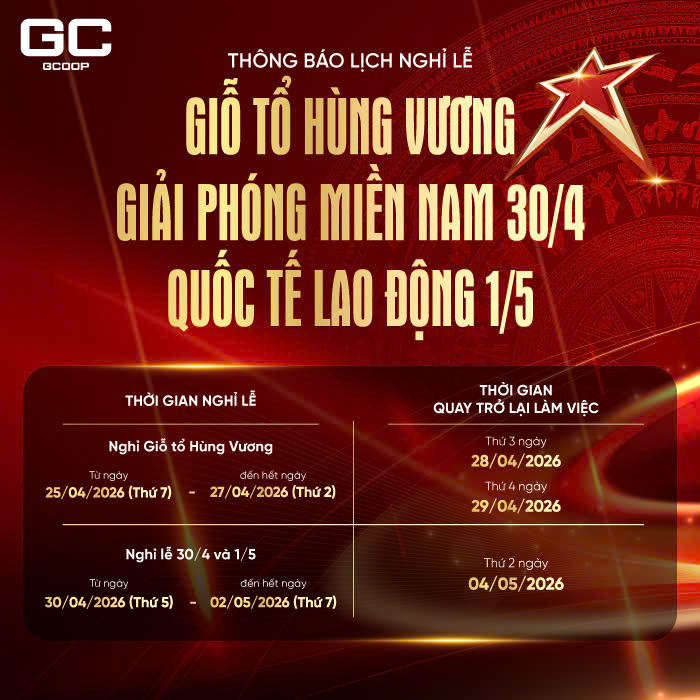 Thông báo lịch nghỉ lễ Giỗ Tổ Hùng Vương, Giải Phóng Miền Nam 30/4 và Quốc Tế Lao Động 1/5